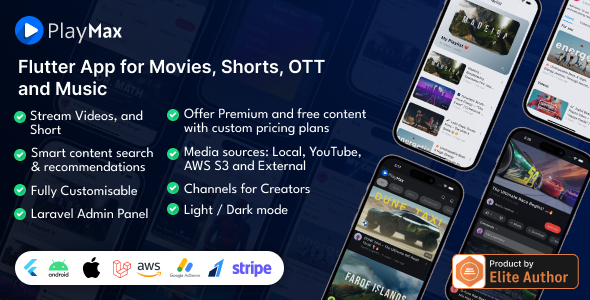 Playmax Flutter app for Online Videos, Reels & Shorts with Laravel Admin Panel