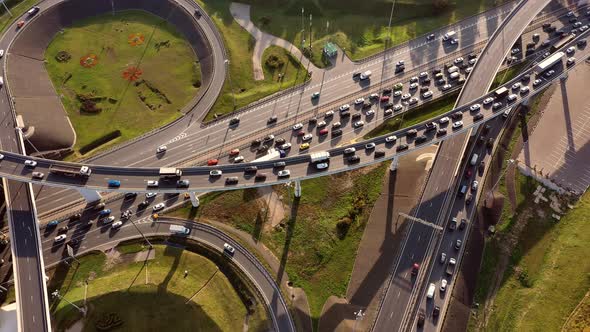 Aerial View of a Freeway Intersection Traffic Trails in Moscow