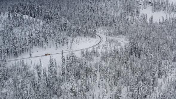 A snow plow clears a snowy road surrounded by winter forest