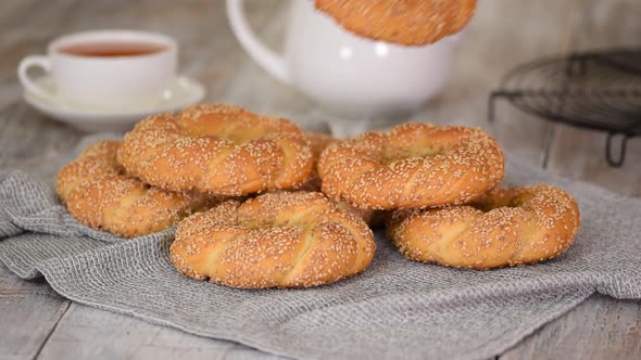 Turkish Bagel Simit with Sesame, Traditional Pastry of Turkey.