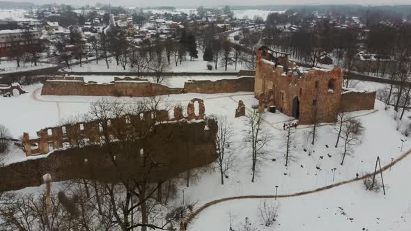 Ruins of Ancient Livonian Order's Stone Medieval Castle Latvia Aerial Drone Top Shot 