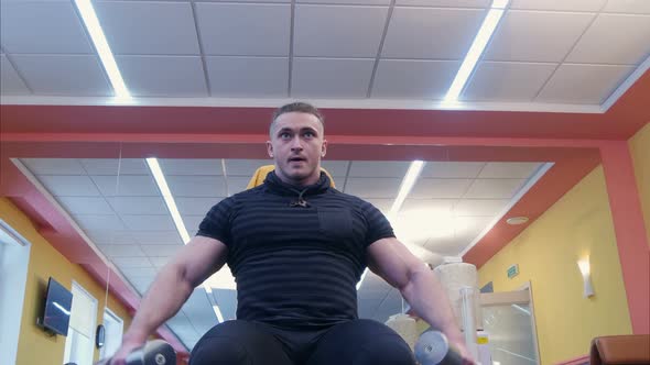 Muscular Bodybuilder Doing Exercises with Dumbbells in Gym