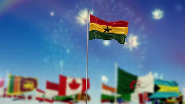 Ghana Flag With World Globe Flags And Fireworks