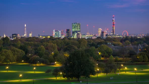 View of Central London from Primrose Hill Park at Dusk