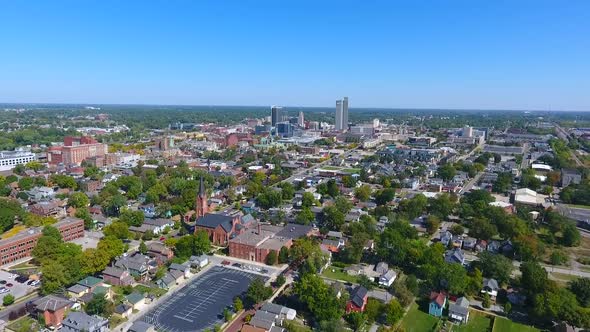 Aerial Flying Towards Downtown Fort Wayne Indiana From Distance