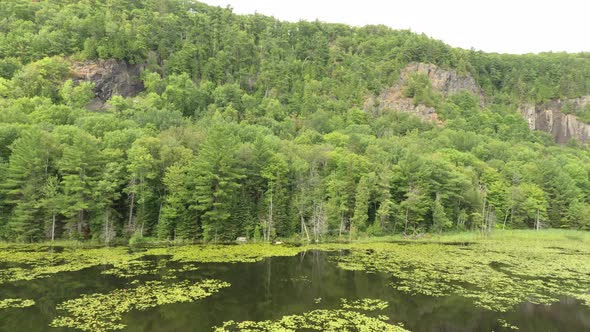 Drone ascending over lake and towards a rocky and green mountain side