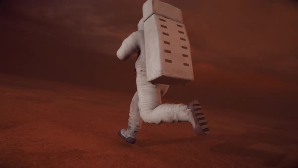 Astronaut In Spacesuit Run On Mars Surface 4k