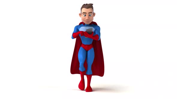 Fun 3D cartoon superhero walking with a smartphone