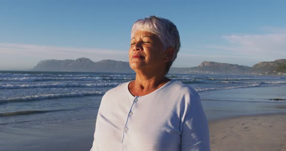 Senior african american woman walking and relaxing at the beach