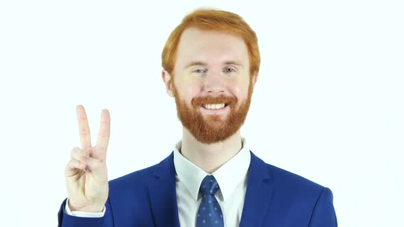 Victory Sign by Red Hair Beard Businessman