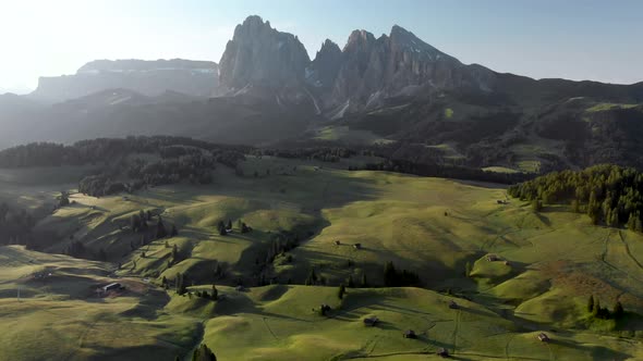 Drone  flying high above Seiser Alm valley in Dolomites  mountain range northern Italy