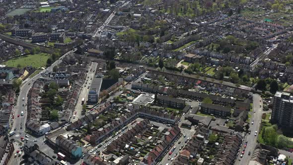 pan up drone shot from gentrified suburban London to central croydon