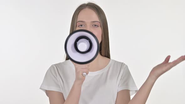 Young Woman Making Announcement on Loudspeaker