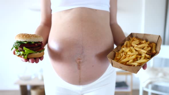 Young Pregnant Greedy Woman Holding Burger And French Fries