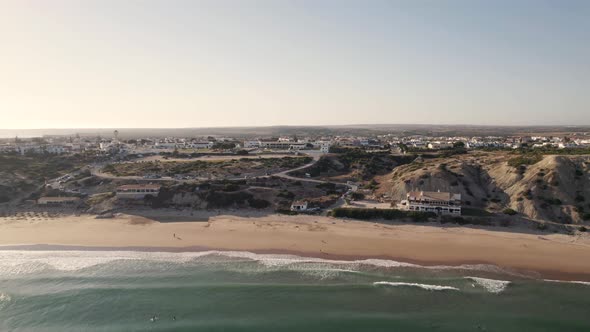 Praia da Mareta beach, Sagres. Aerial view of Algarve coast, Portugal. Beautiful sunbeam