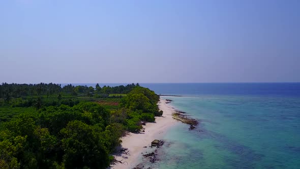 Aerial drone nature of island beach journey by clear lagoon and sand background