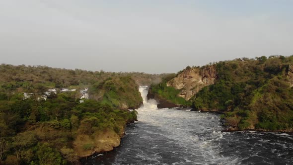 Drone Shot Over the African River NIle and a Powerful Waterfall