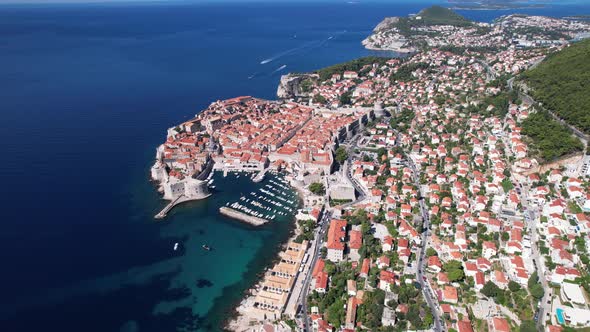 Aerial view of the old town Dubrovnik, blue sea and mountains, Croatia