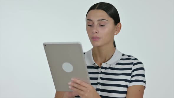 Tablet Use By Latin Woman White Background