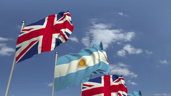Row of Waving Flags of Argentina and the United Kingdom