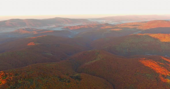 Aerial View Beautiful Landscape in the Mountains at Sunrise of Foggy Hills Covered By Forest