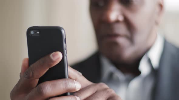 Closeup Male Hands Holding Phone African Mature Aged Business Man Afro Employer Uses Modern