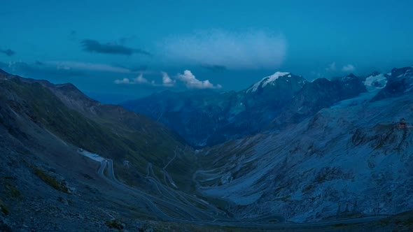 Timelapse of dusk in Stelvio Pass in the Alps