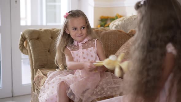 Portrait of Charming Cute Girl Fighting with Sister for Toy Indoors at Home