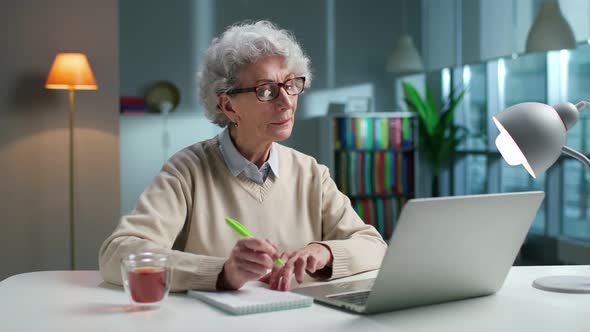 Senior Woman Learning Online Sitting at Desk in Modern Living Room at Home