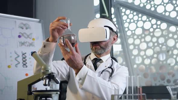 Doctor Which Looking on the Flask with Chemical Liquid Using Virtual Reality Headset