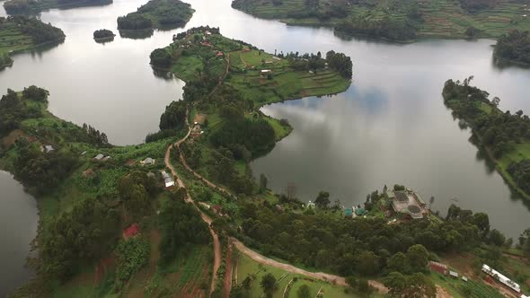Aerial view of a lagoon in Lake Bunyonyi, Uganda 