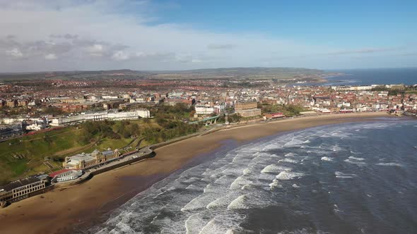 Aerial footage of the British seaside town of Scarborough, the seaside coastal town in the UK