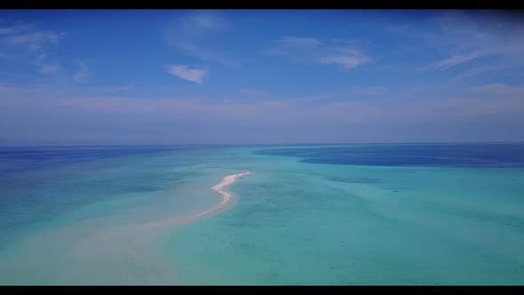 Aerial drone texture of exotic shore beach wildlife by blue sea with white sandy background of a day