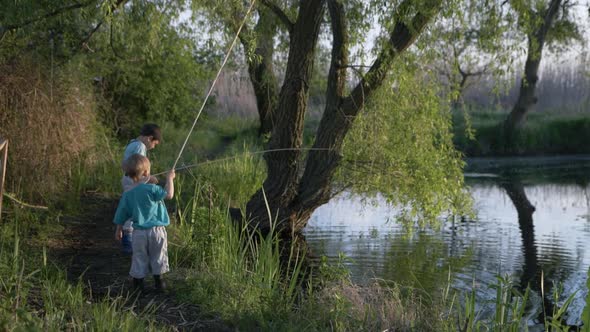 Outdoor Activities, Cute Boys By River Play with Sticks in Water