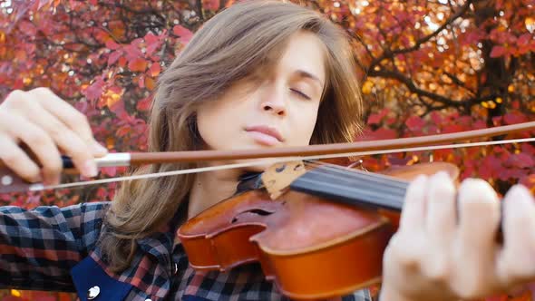 slow motion beautiful woman enjoying playing violin on a background of red autumn leaves