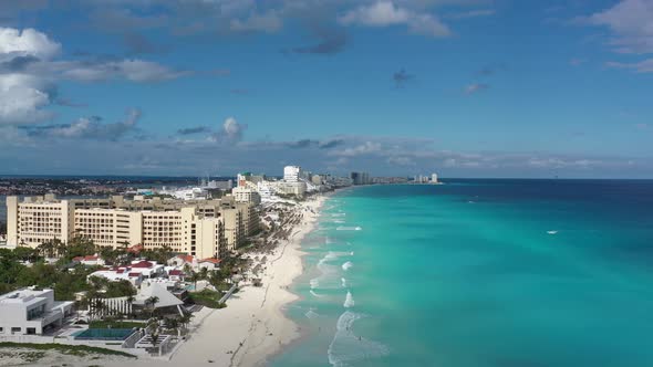 Panoramic Aerial View of the Skyline in the Hotel Area in Cancun, Mexico