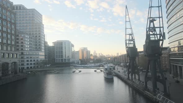 Looking out the window of DLR train London docklands at sunset