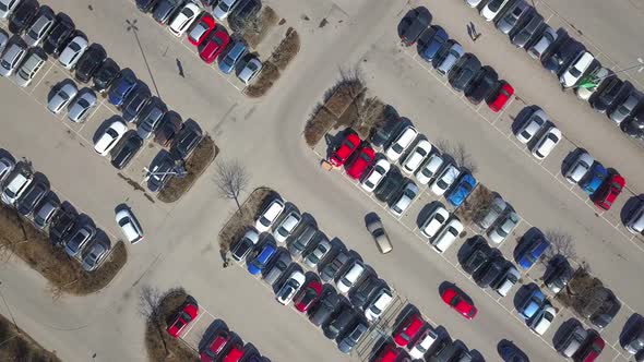 Top aerial view of many cars on a parking lot or sale car dealer market.