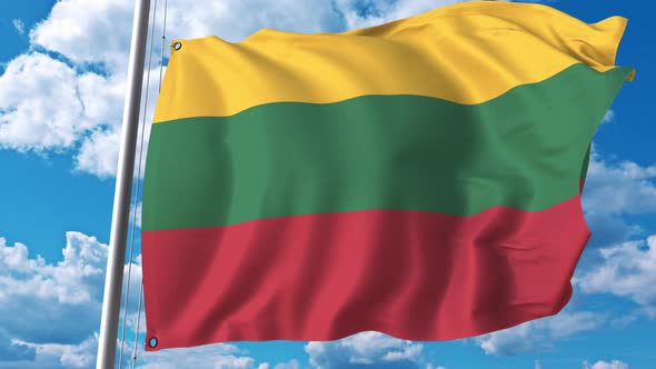 Waving Flag of Lithuania on Sky Background alt