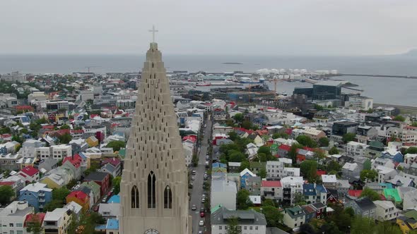 Aerial footage of Hallgrimskirkja church in Reykjavik, Iceland