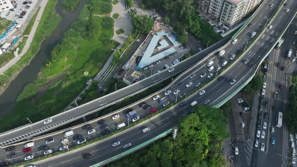 Aerial footage of Morning rush hour of traffic to enter the town in shenzhen city, China. Hypelapse