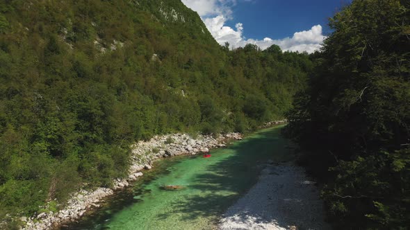 Drone Flight Over Kayaks And Bridge Over River