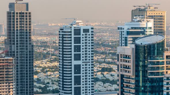 Dubai Marina and JLT Skyscrapers Aerial Skyline During Sunset Timelapse