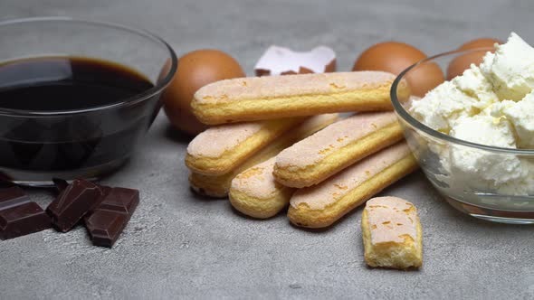 Ingredients for Cooking Tiramisu - Savoiardi Biscuit Cookies, Mascarpone, Cream, Sugar, Cocoa