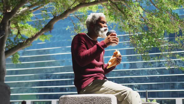 African american senior man having a snack and drinking coffee at corporate park