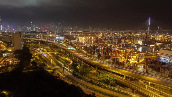 Timelapse Hong Kong Harbor with Cranes in Container Terminal