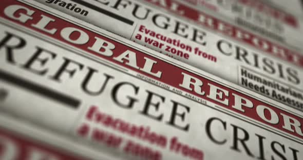 Refugee crisis and humanitarian aid newspaper printing press