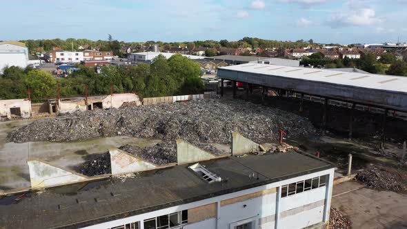 Aerial View of a Warehouse Destroyed By Fire and Filled with Waste Junk, Margate, Kent, UK