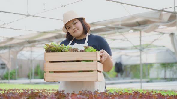 Portrait of Asian young woman farmer hold basket of vegetables in farm.