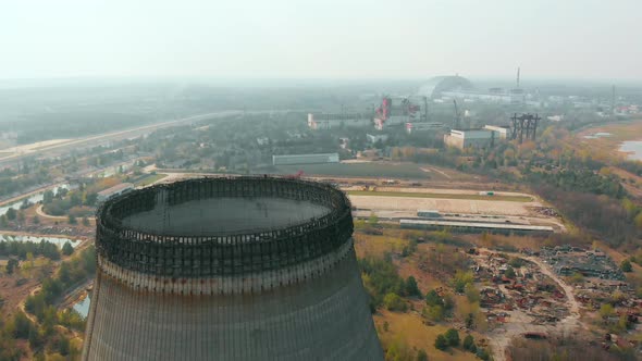 Drone Flies Over the Cooling Tower, Chernobyl NPP